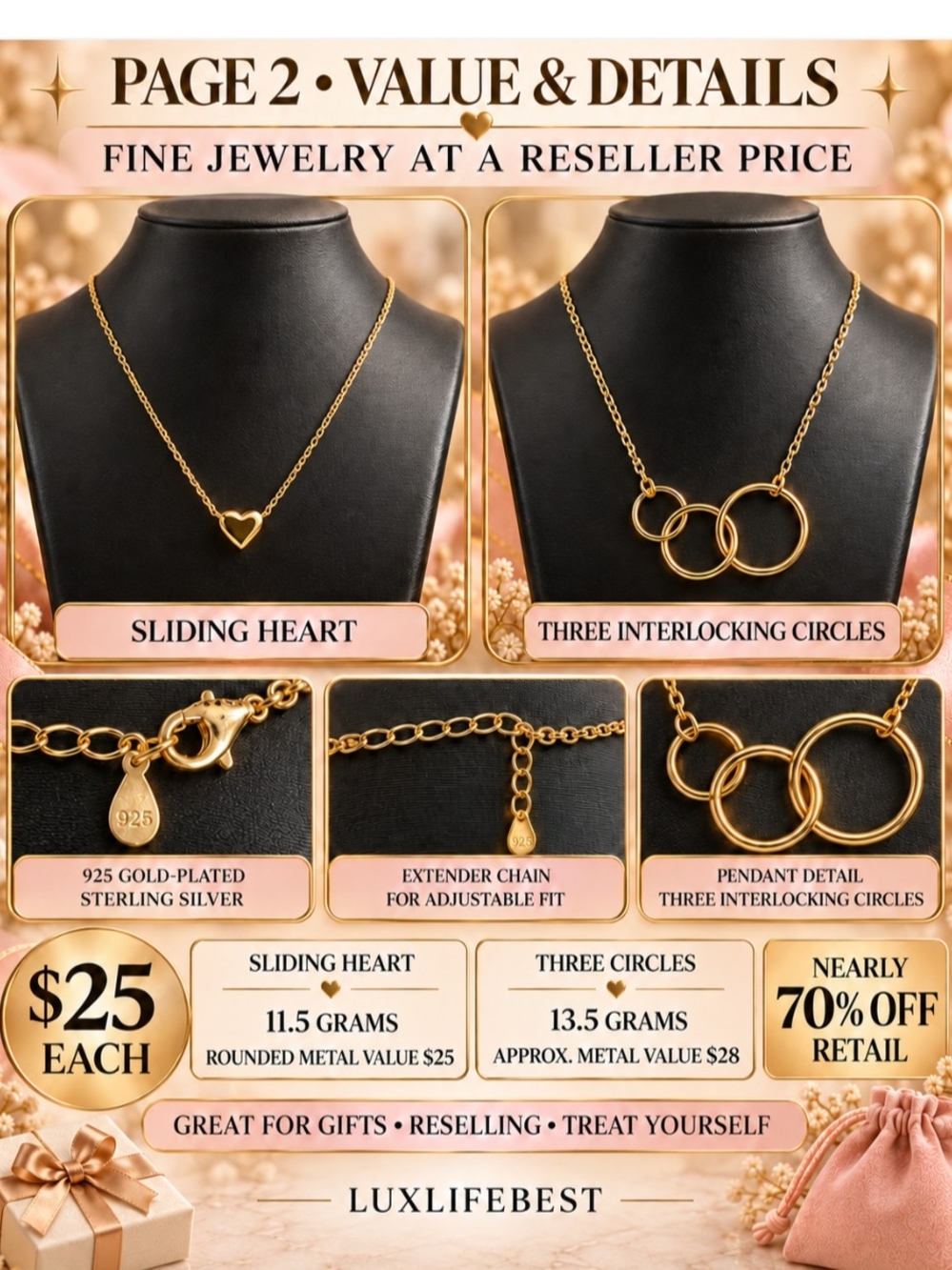 Luxlifebest Gold Sliding Heart Necklace